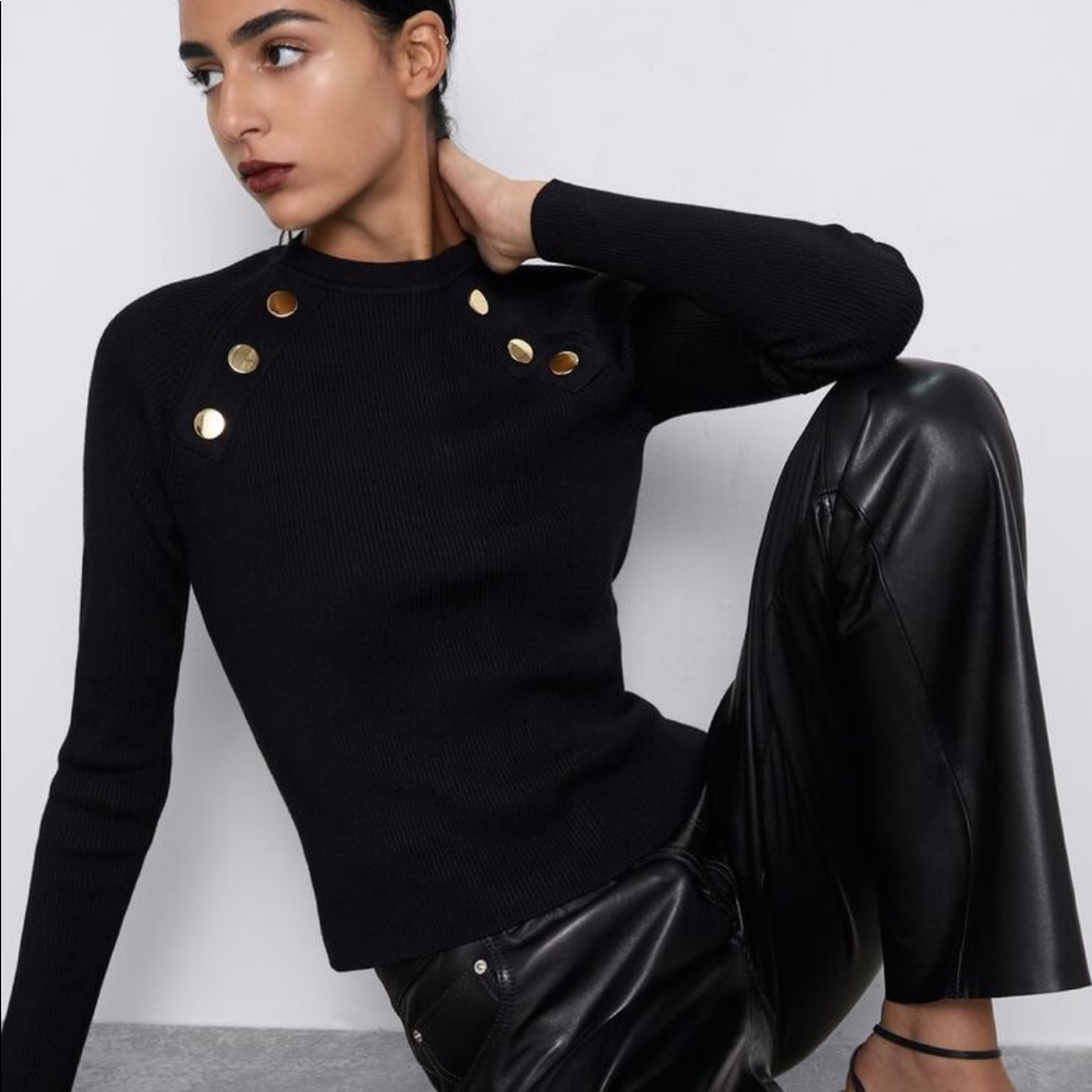 RARE NWT Zara Ribbed Fitted Military Sweater with Gold Buttons, S - black